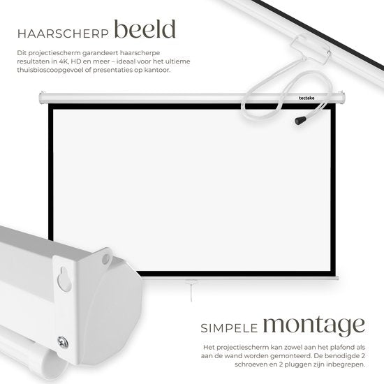 Écran de projection tectake® - 72 pouces (183 cm) - Écran de projection 16:9 - Fixation murale ou au plafond - 4K HD - Enroulable - Déployable - Toile de projection - Écran de présentation - Home cinéma - Matériel de fixation inclus