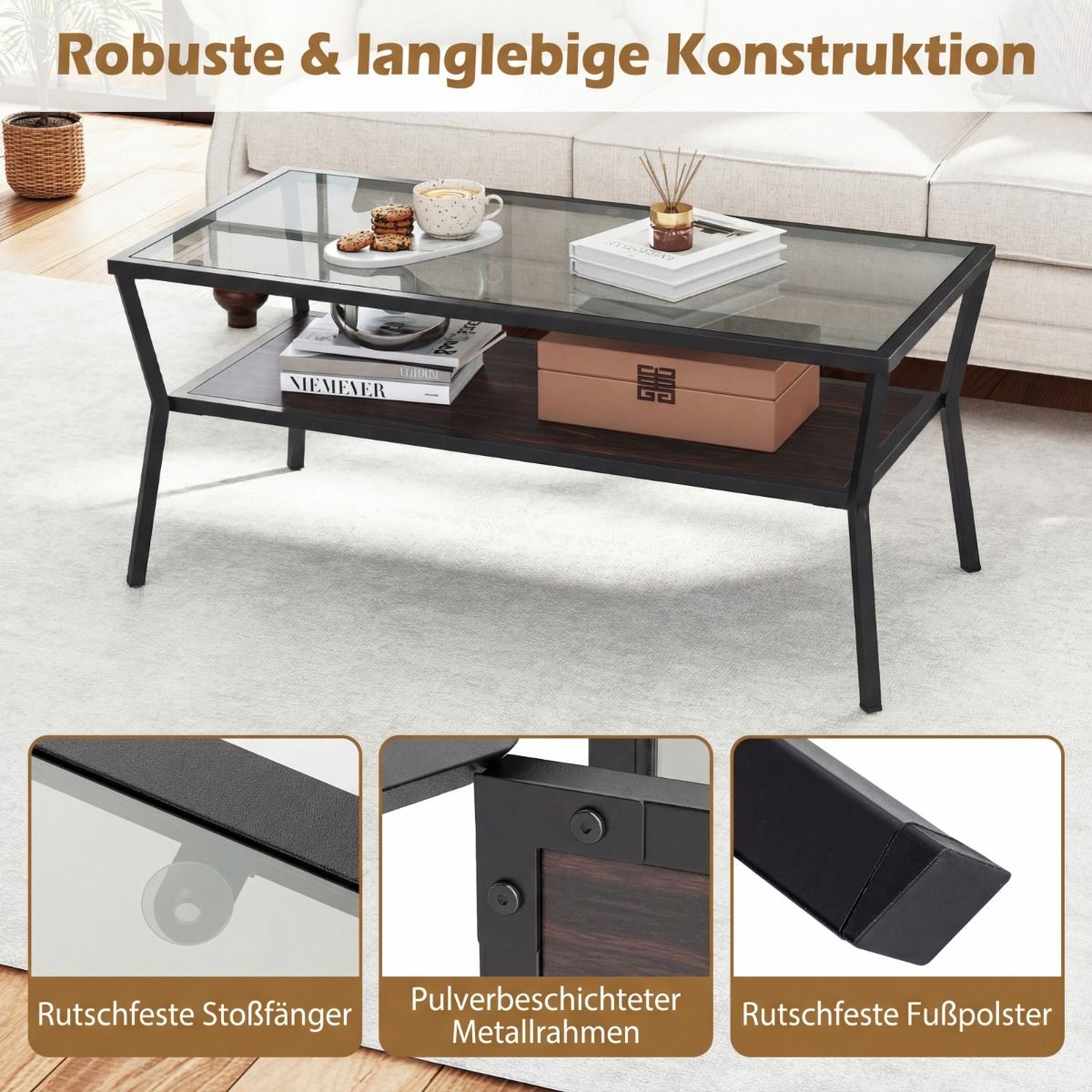 Table basse Coast rectangulaire - plateau en verre trempé - piètement en métal - gris et noir