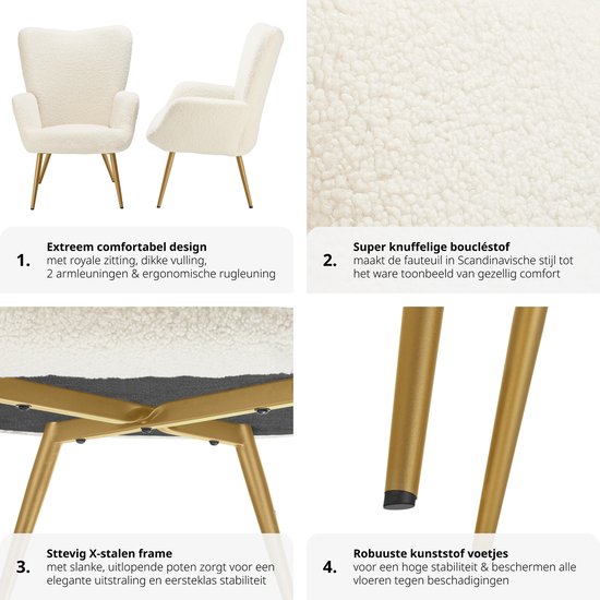 tectake® Fauteuil à oreilles de style scandinave - Teddy chair Hygge - Chaise de salon, chambre à coucher - Chaise longue - Pieds en métal doré - Capacité jusqu'à 150 kg - Crème