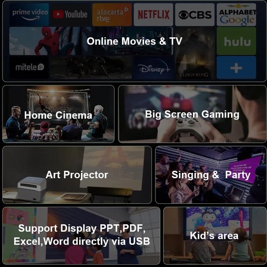Fuegobird A6 Beamer - 1080P Full HD - Projecteur Smart Home - Support 4K - Android TV 9.0 - 450 ANSI - Streaming avec IOS & Android - Autofocus et 4D keystone - 2GB RAM+32GB ROM - WiFi6 - 2.4G/5G WiFi - BT5.0 - Netflix/Prime Video/Youtube - Gris