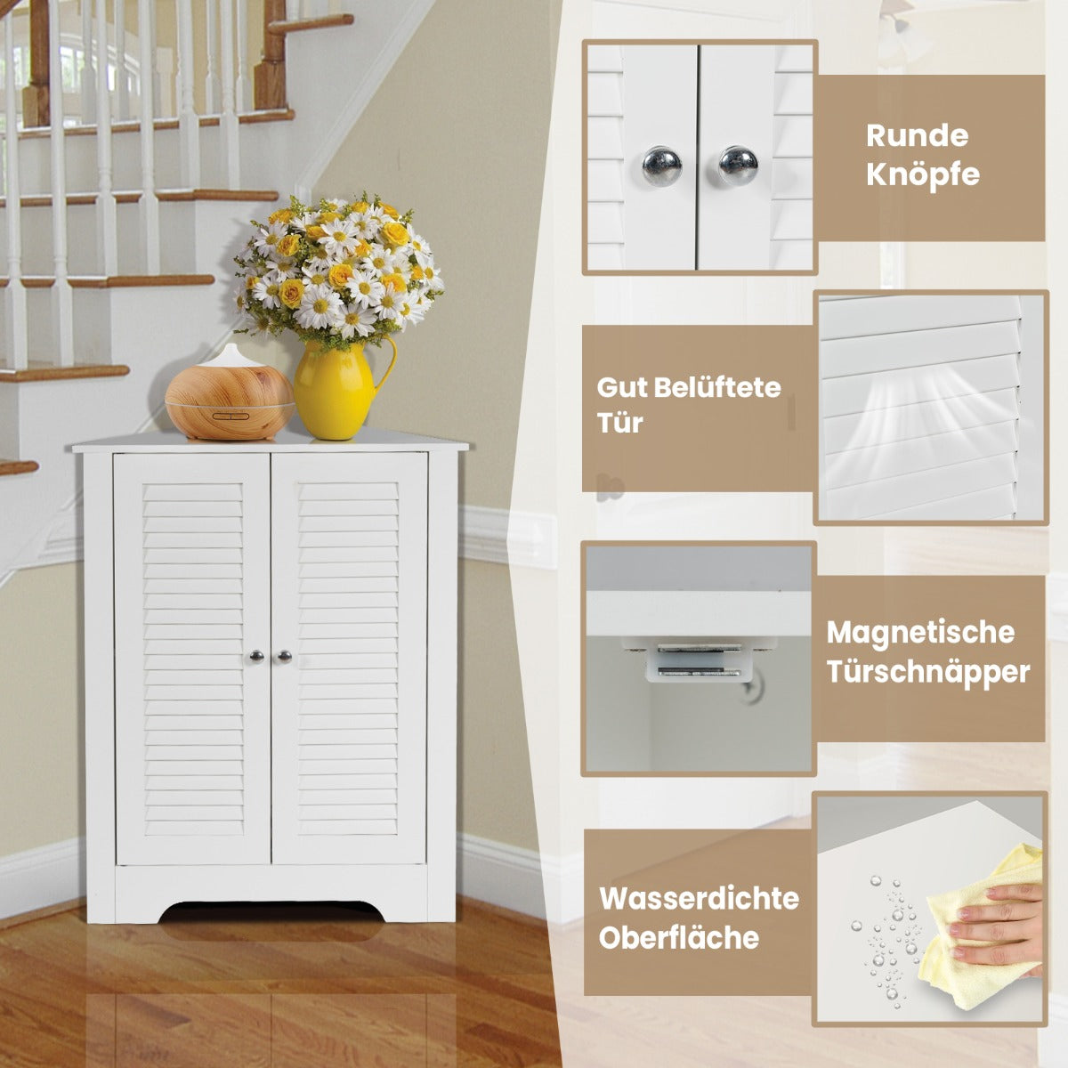Armoire d'angle Coast - Porte à lamelles - Etagère réglable - MDF - 63 x 32 x 81,5 cm - Blanc