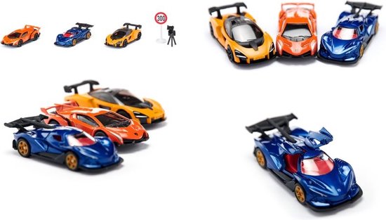 SIKU 6328, Coffret cadeau Supercars, Lamborghini Veneno, Apollo I.E., McLaren Senna, pièces articulées, avec panneau de signalisation et radar