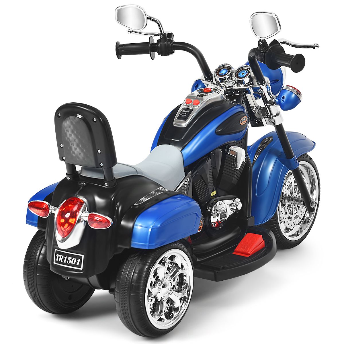 Moto électrique pour enfants Coast - Style chopper - Phare réglable - Fonction musicale - Bleu et noir - 91 x 48 x 64 cm