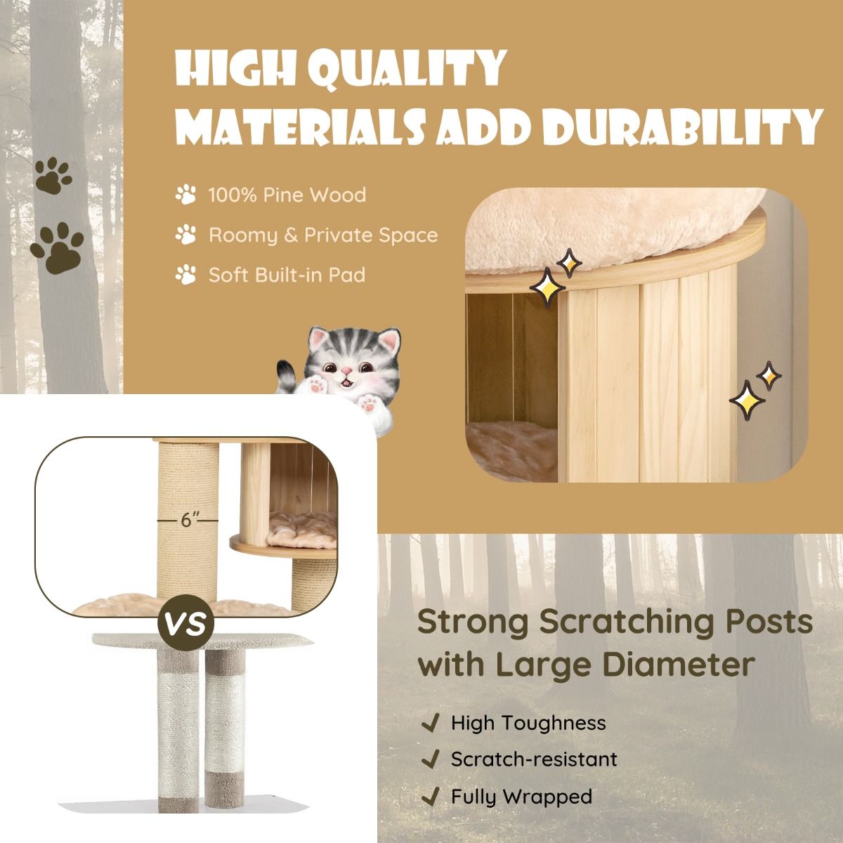 Structure d'escalade pour chats Coast - Plusieurs niveaux - Arbres à griffer et niche - Hamac et tapis lavables - Beige 75 x 56 x 191 cm