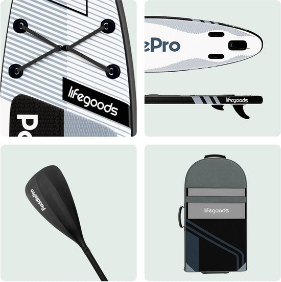 LifeGoods PaddlePro SUP Board Pro - Pro Set - Planche à pagaie gonflable - Max. 150KG - 320x81cm - Noir/Blanc