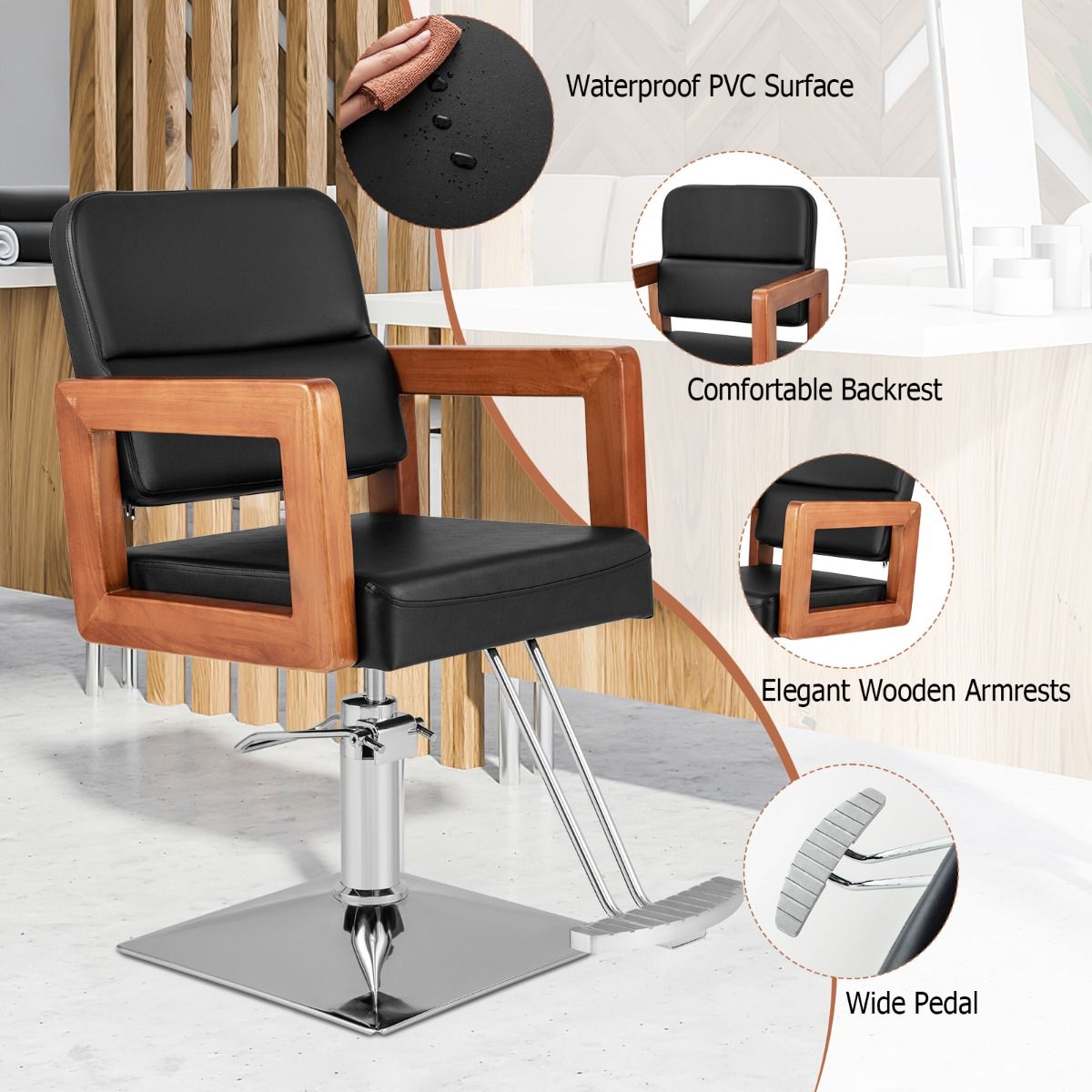 Fauteuil de coiffure hydraulique Coast - pivotant à 360° - réglable en hauteur - accoudoirs en bois massif - noir