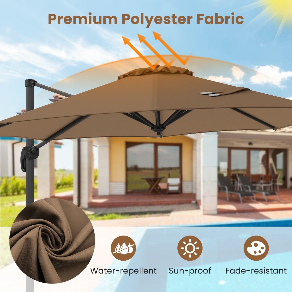 Parasol rond Coast - Réglable sur 5 positions - Pivotant à 360° - Mât en aluminium - 308 x 248 cm - Marron
