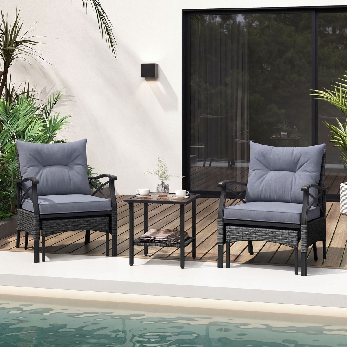 Ensemble de mobilier de jardin Coast 5 pièces - chaises en rotin avec repose-pieds - coussins et table basse - marron mélangé
