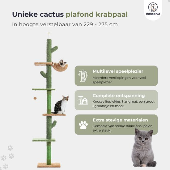 Kattenu CactusTower - Grand arbre à chat fixant au plafond - Réglable de 229 à 275 cm - Vert - Arbre à chat fixant au plafond pour chats