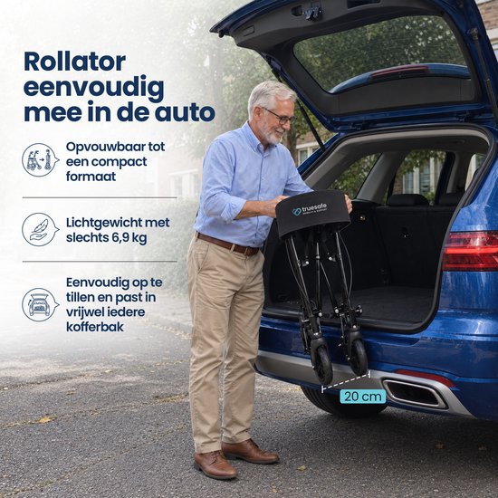Rollator TrueSafe léger et pliable (6,9 kg) - Pour l'intérieur et l'extérieur - Avec coussin d'assise ergonomique, éclairage, dossier, support pour canne et bien plus encore - Noir