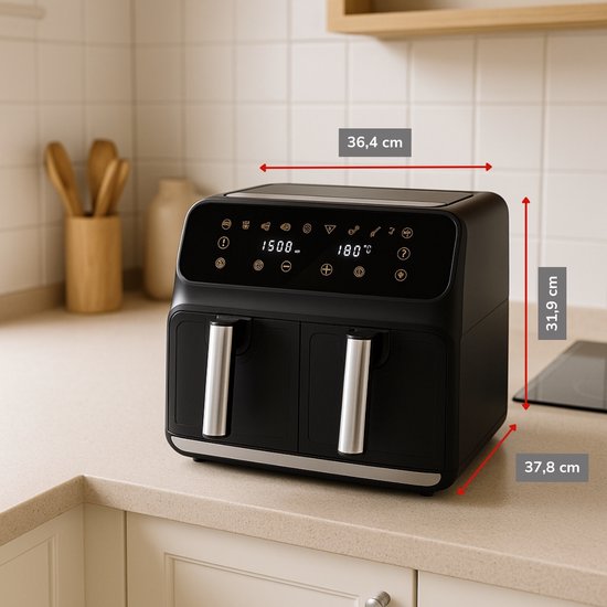 Alpina Double Airfryer XXL - Friteuse à air chaud 2x4 L - Air Fryer avec écran tactile numérique - Four à air chaud pour 6 personnes et plus - 8 programmes de cuisson - Mode Sync - Fonction minuterie
