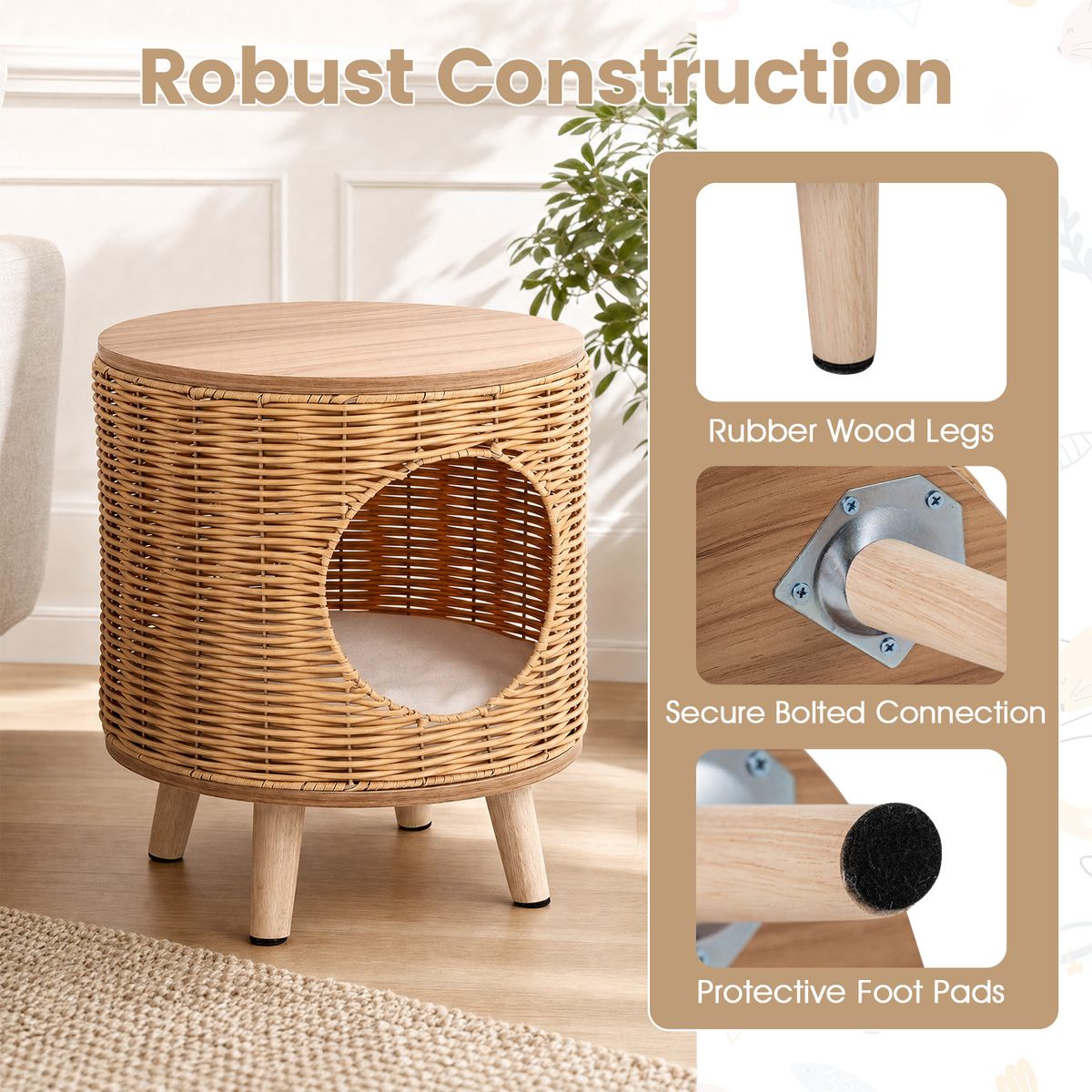 Coast Maison pour chat avec structure en rotin - coussin amovible - sur pieds - couleur naturelle - 36 x 41 cm