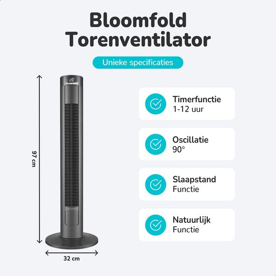 Ventilateur de tour Bloomfold - 38 pouces - Noir - Télécommande - Mode veille - Minuterie 12 heures - Affichage LED complet