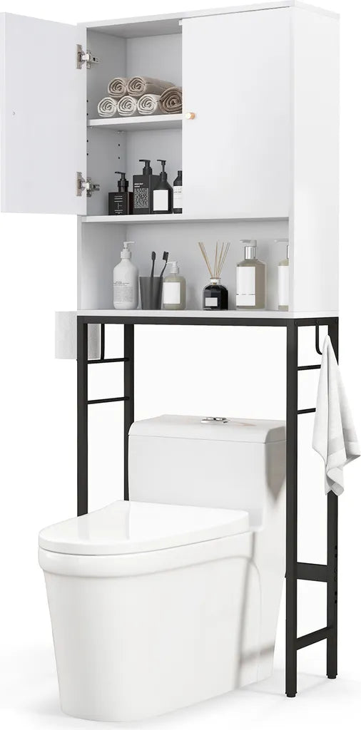 COSTWAY Armoire de toilette indépendante - avec compartiments de rangement, portes et crochets - 63 x 23 x 165,5 cm - blanc