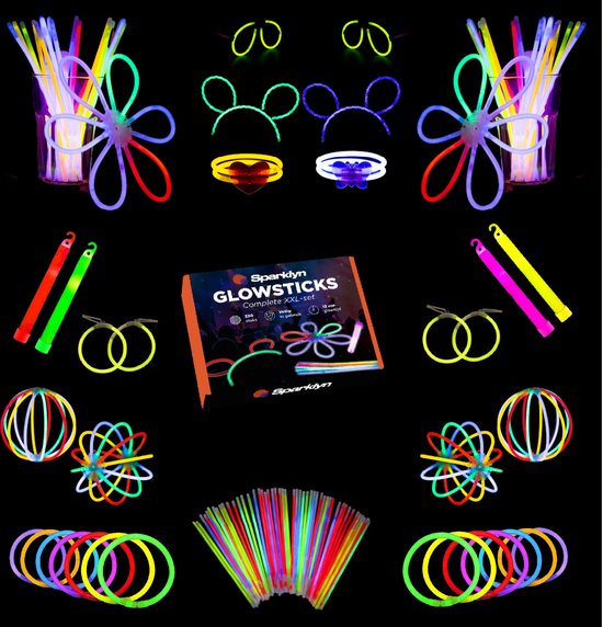 Sparklyn XXL Glow in the Dark Stick Set - 380pcs Glowsticks with accessories - Breaking sticks - Neon Party