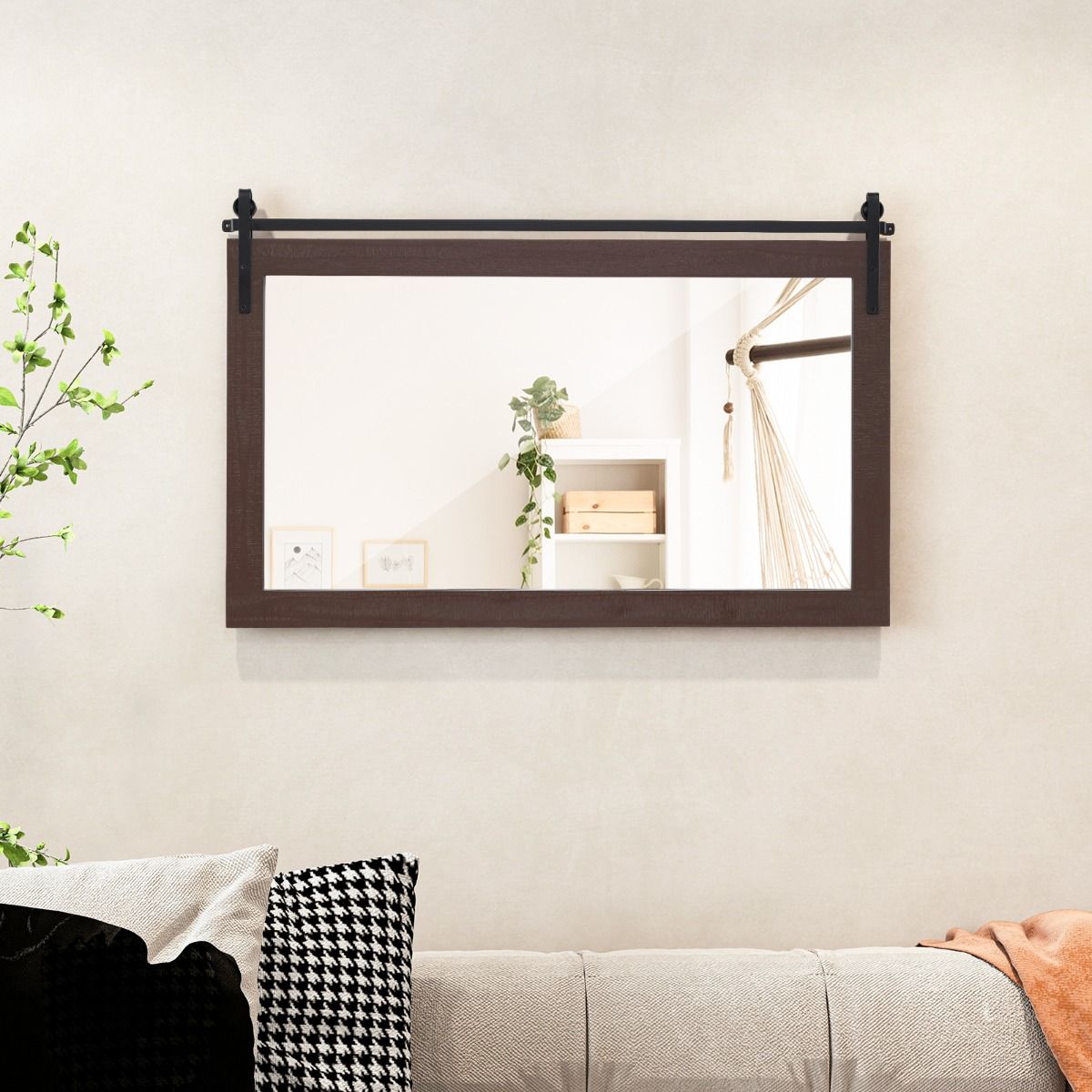 Miroir mural Coast - cadre rectangulaire en bois massif - verre incassable - marron foncé 100 x 66 cm