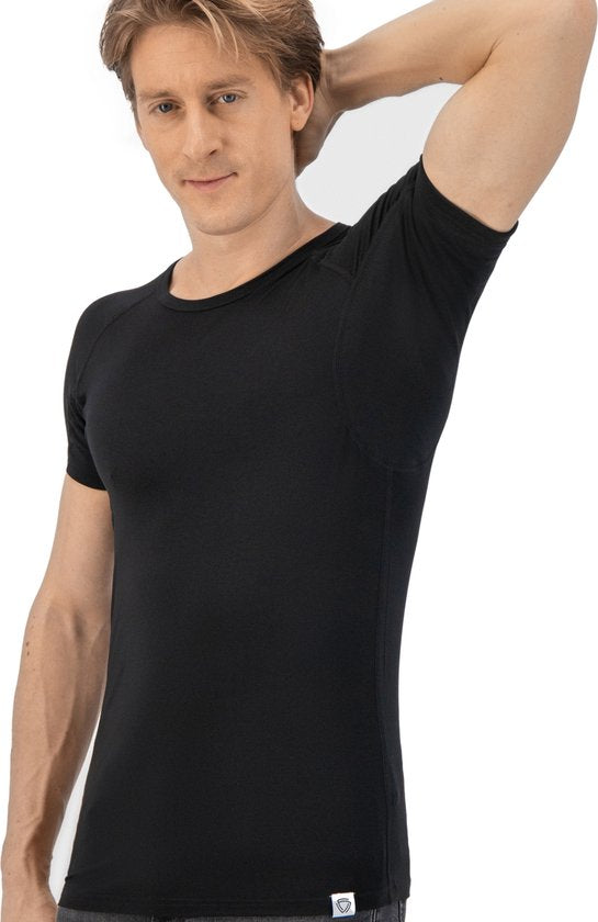 Tshirt anti transpiration - Fibershirts® - Coussinets d'aisselles cousus - Maillot de corps - Noir - Col rond - Hommes - Taille L