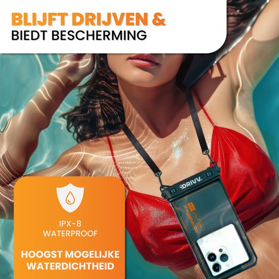 Drivv. Étui étanche pour téléphone - Flottant - Fermeture à double clip - Jusqu'à 6,8 pouces - Étui étanche pour téléphone - Noir