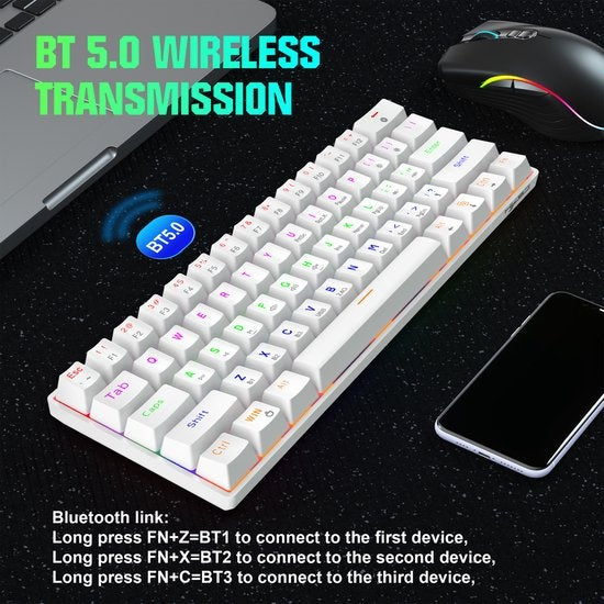 HXSJ L800 Wireless Mechanical TKL Gaming Keyboard - RGB - filaire / 2.4GHz RF / Bluetooth - QWERTY - 61 touches - commutateur bleu - blanc