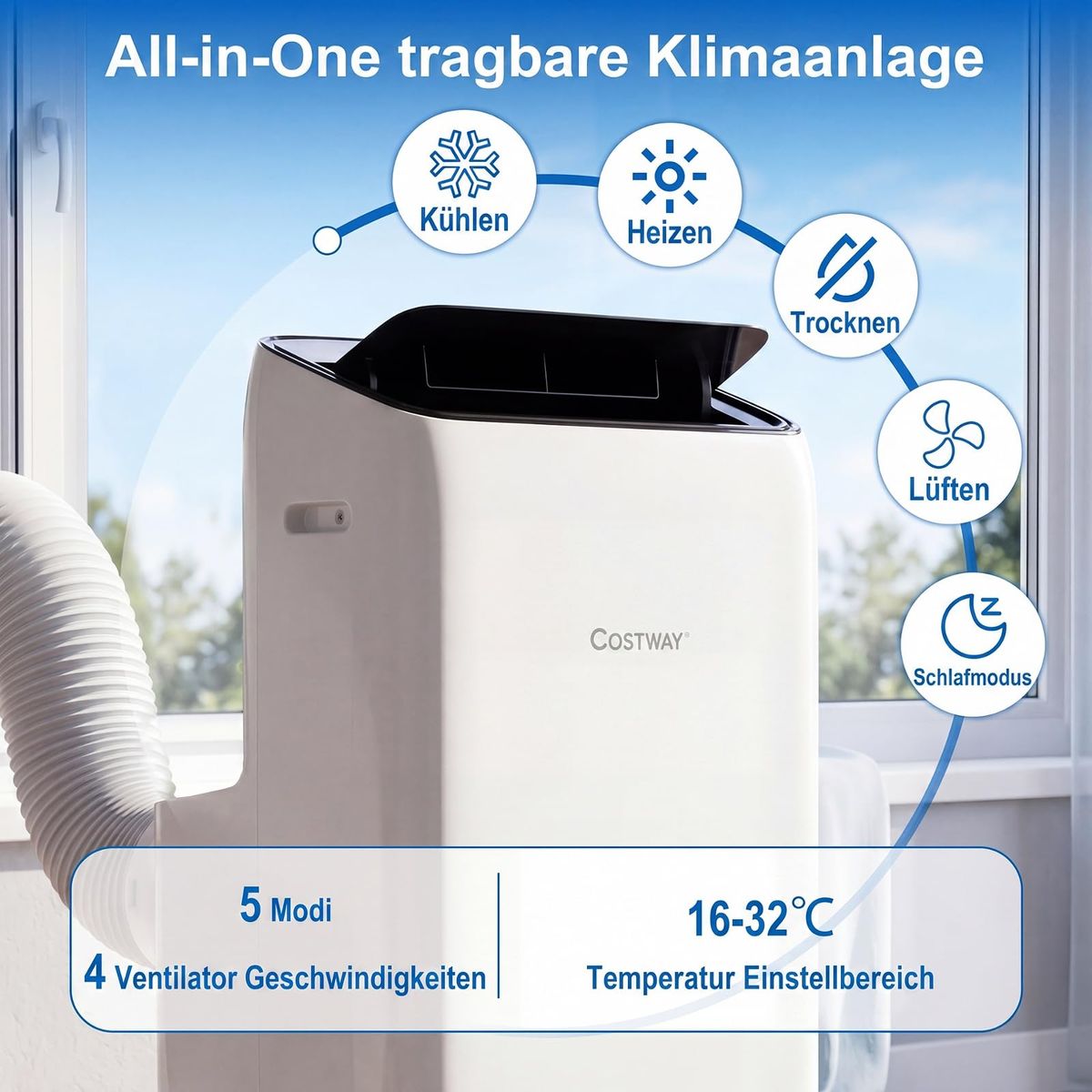 Climatiseur portable Coast - Système de climatisation 5 en 1 - 12 000 BTU - Pour des pièces jusqu'à 46 m² - Blanc