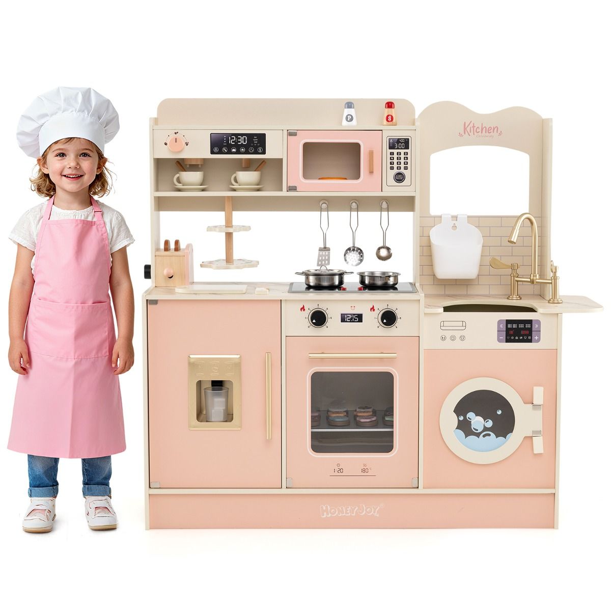 Cuisine jouet en bois Coast pour enfants - avec 25 accessoires - lumières et sons - rose