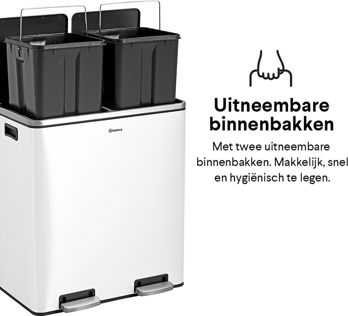Homra QUICKX Poubelle de tri sélectif 2 compartiments Blanc - 60 L (2x30 L) Poubelle à pédale - Poubelle design Duo en acier inoxydable - Séparation des déchets - Poubelle de recyclage - Pédale hygiénique - Poubelle double - Poubelle de cuisine - Poubelle