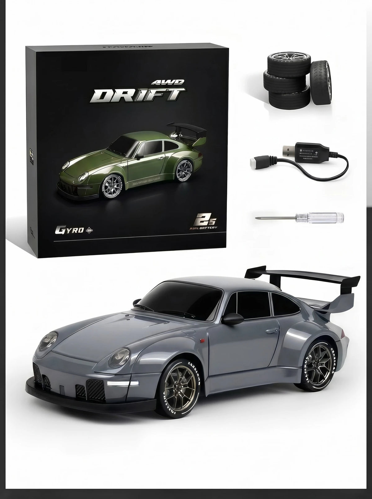Voiture de drift radiocommandée S814 à l'échelle 1:24 - 4 roues motrices avec stabilisateur gyroscopique - Éclairage LED et deux jeux de pneus - Gris