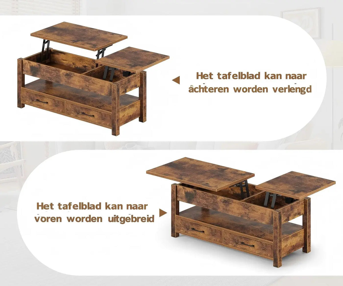 Table basse Rolanstar à hauteur réglable - Marron foncé - 100 x 50 x 48 cm - Avec tiroirs, espace de rangement