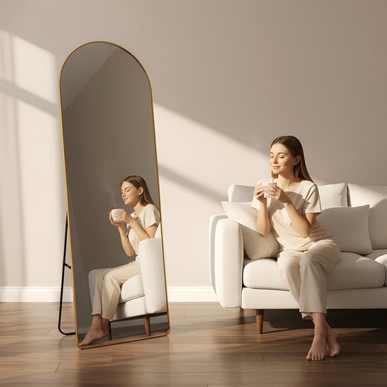 Miroir Fraay 160 x 55 cm - À poser ou à accrocher - Verre trempé - Miroir mural minimaliste - Miroir sur pied - Doré