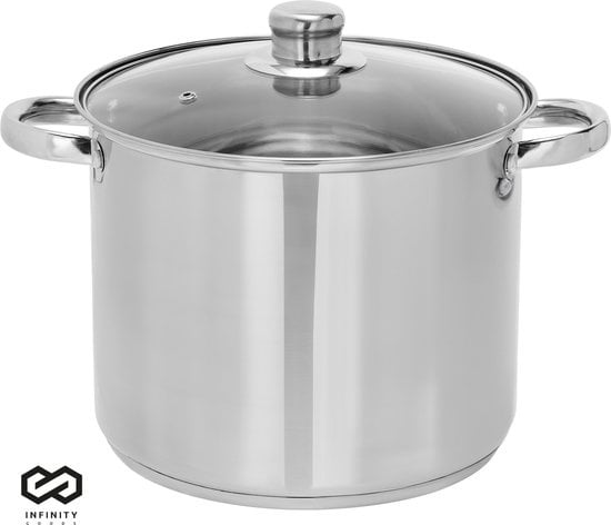 Infinity Goods Soup Pan - Couvercle en verre - 9L - 24 CM - Induction et gaz - Lavable au lave-vaisselle - Acier inoxydable
