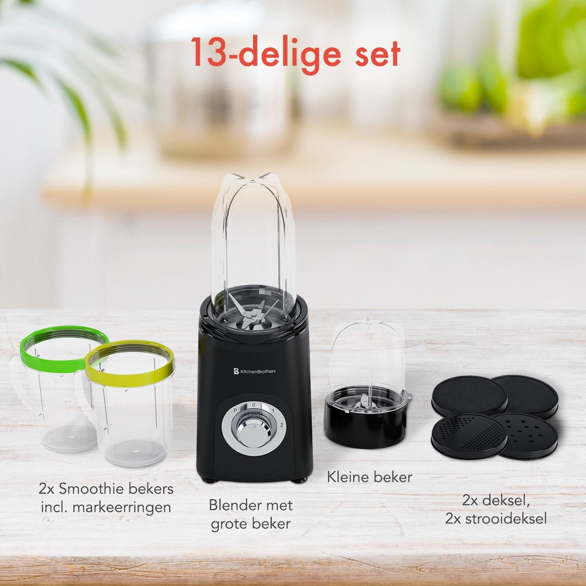Blender - KitchenBrothers - 2-en-1 - 350 W - 4 tasses 600 ml/300 ml - Smoothie  - Mini Blender - Noir
