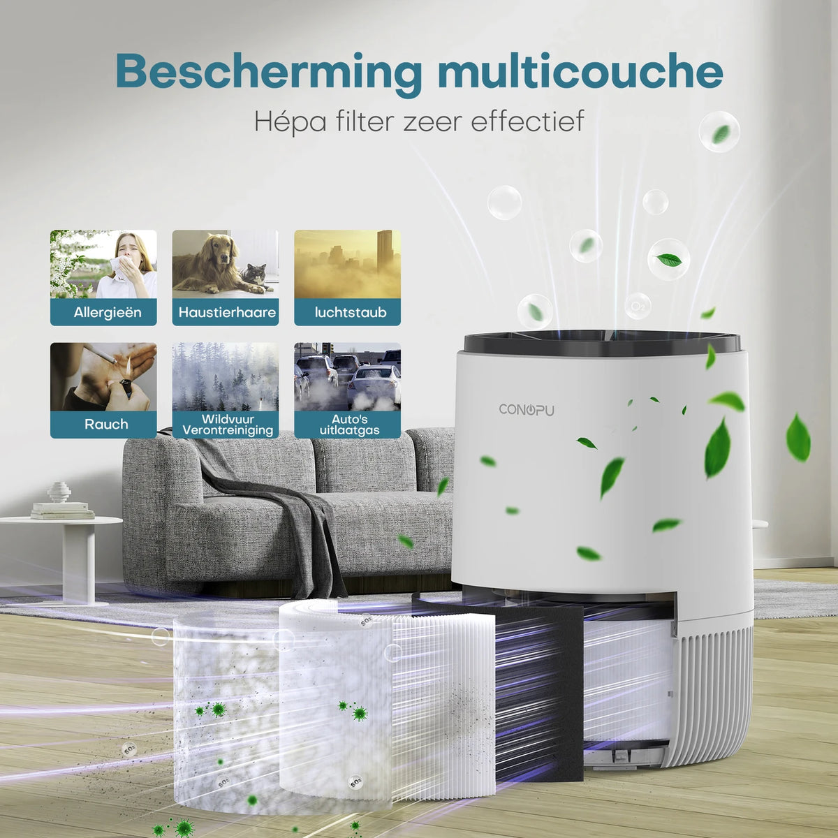 Purificateur d'air HEPA Conopu - Fonction anti-odeurs et minuterie - 17 × 17 × 26 cm