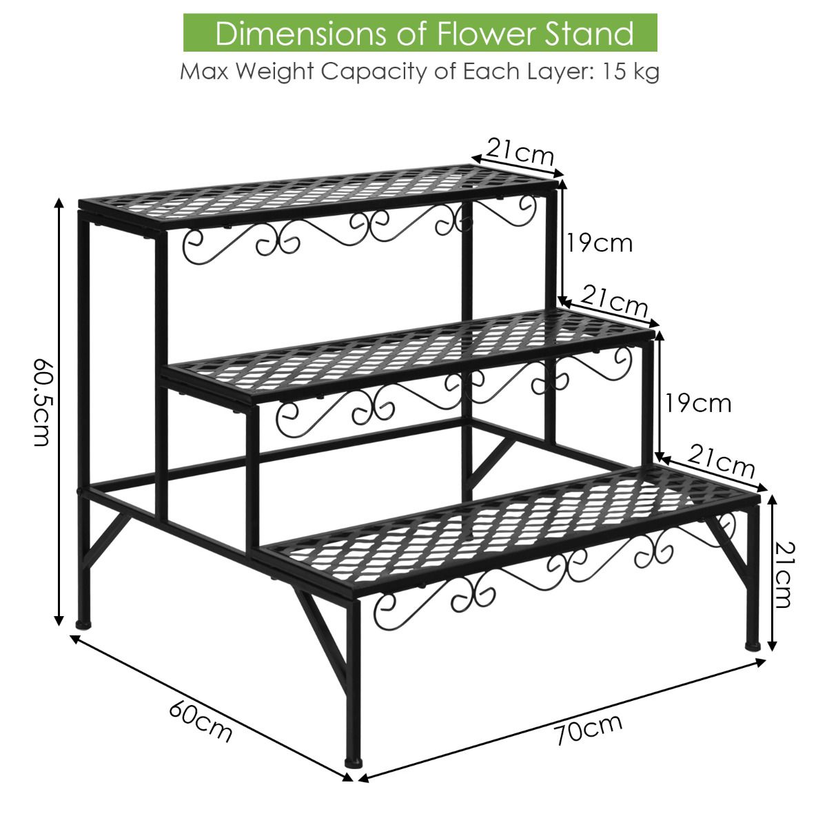 Étagère à plantes Coast à trois niveaux - Support à fleurs en métal - Étagère à plantes sur pied - Noir - 70 x 60 x 60,5 cm