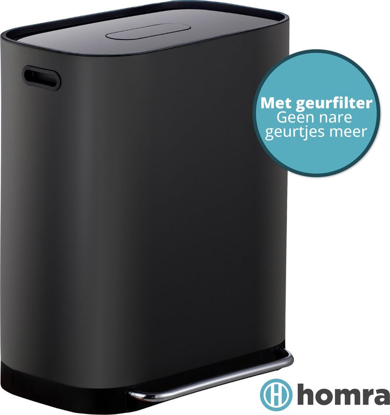 Homra Poubelle à double compartiment 60L  - Pédale en métal - filtre anti odeurs -2x30L - Noir