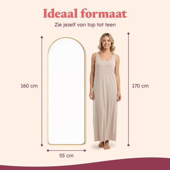 Miroir Fraay 160 x 55 cm - À poser ou à accrocher - Verre trempé - Miroir mural minimaliste - Miroir sur pied - Doré