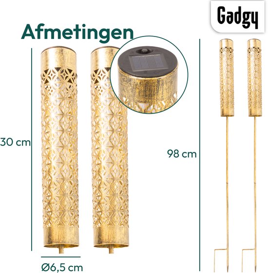 Éclairage de jardin Gadgy Solar – 2 lampadaires avec effet de flamme vacillante – Métal doré – Lampes d'ambiance LED à énergie solaire – Pour l'extérieur – Résistantes aux intempéries – Hauteur : 98 cm – Piquet de sol