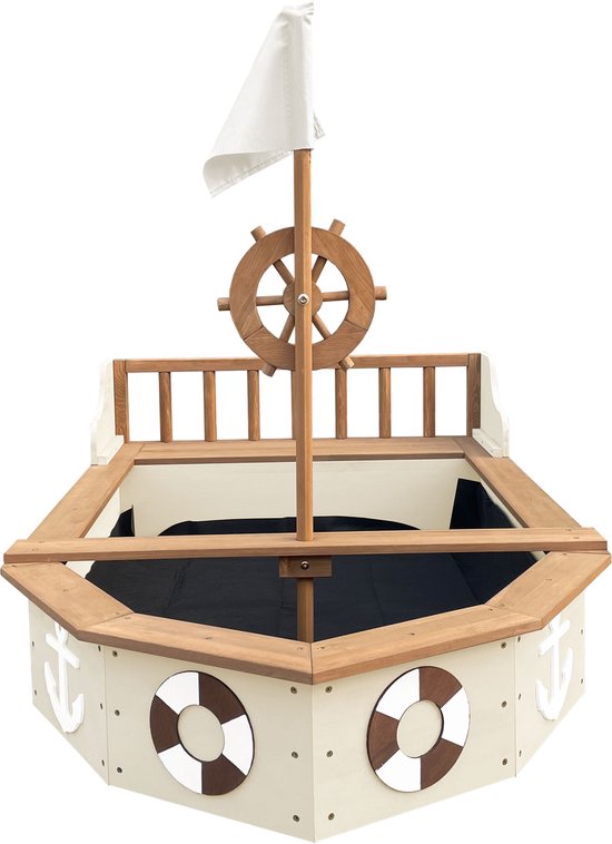 Bac à sable AXI Doris en forme de bateau avec banc de rangement, couleur beige – Drapeau et barre en bois – Bâche de protection et toile de sol incluses – Garantie de 10 ans !