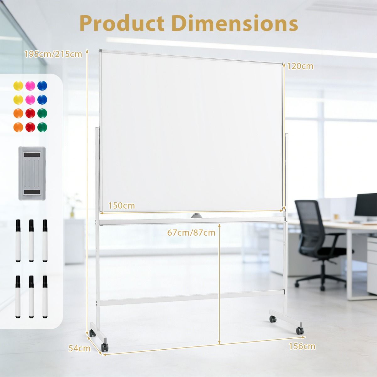 Tableau blanc mobile Coast - Tableau magnétique double face - Hauteur réglable - Avec roulettes - Blanc 150 x 120 cm