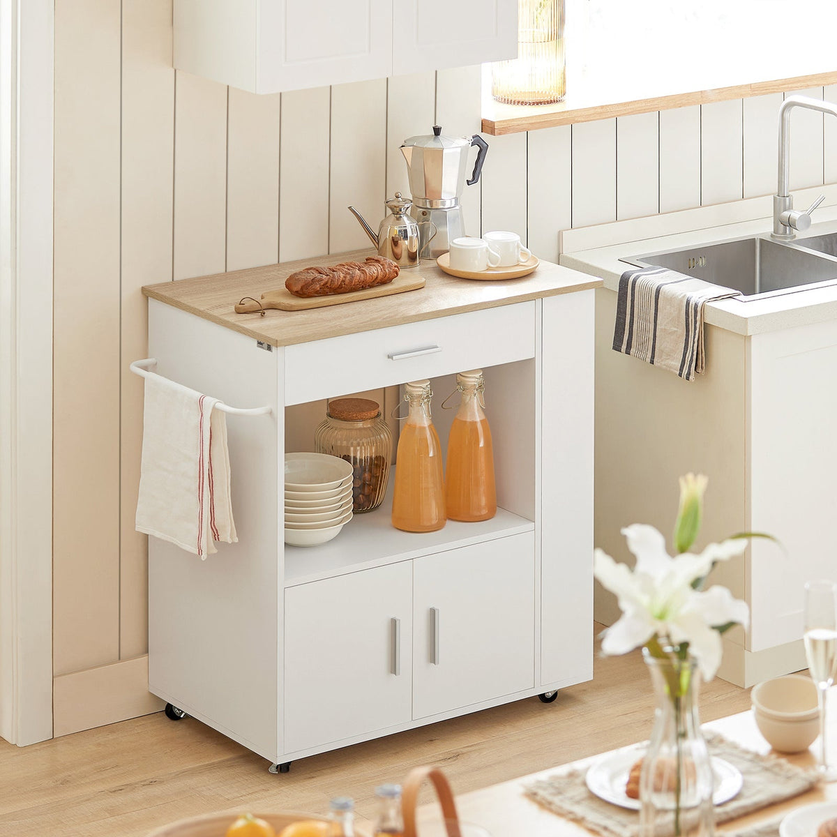 SoBuy Chariot de cuisine avec 1 tiroir, 2 portes et 3 étagères de rangement - Max. 75KG - 75 x 46 x 83 cm - Blanc