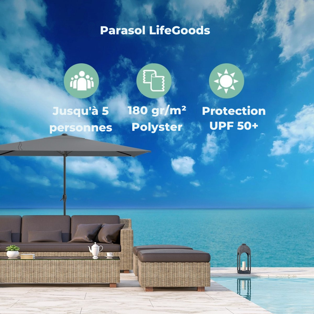 Parasol LifeGoods imperméable avec housse, 270x180cm, Gris foncé