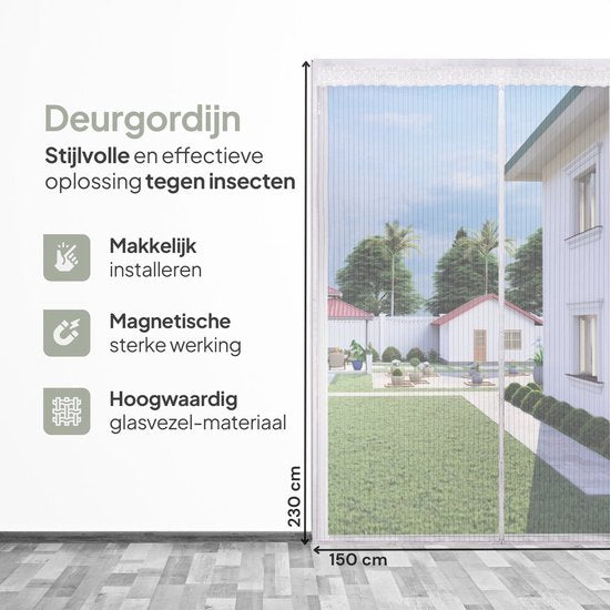 O'DADDY® Rideau de porte Deluxe FIBER - Rideau anti-moustiques magnétique - Pour les nouvelles constructions et les portes standard - Installation facile - Moustiquaire de porte blanche - 150x230 cm