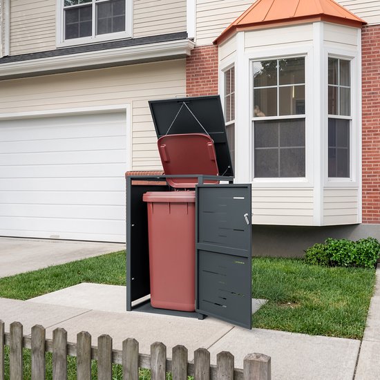 Armoire à poubelles SoBuy - Armoire à poubelles en métal gris foncé avec serrure et porte perforée - Toit rabattable | OGS63-DG