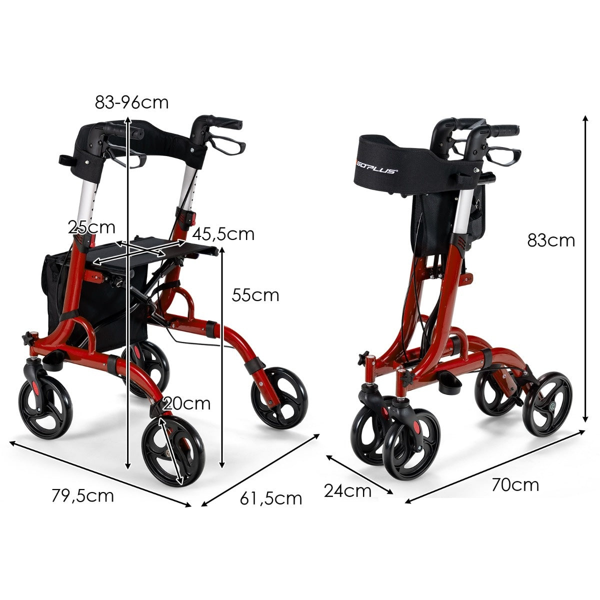 Coast 2-in-1 fauteuil roulant et déambulateur de voyage avec siège, sac et support d'emplacement pliable et rouge clair