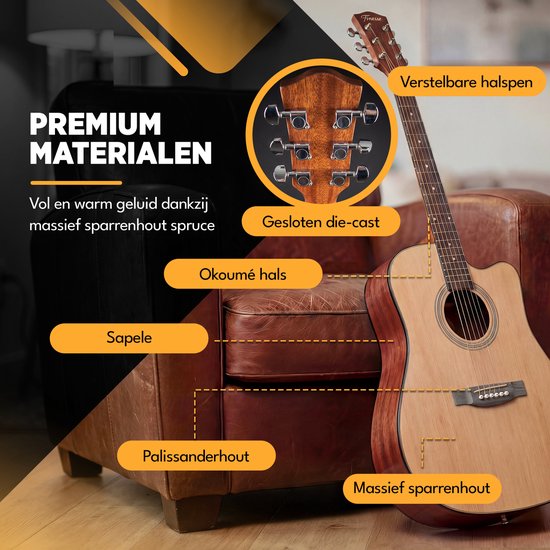 Guitare acoustique Finesse Premium - avec cours vidéo - 4/4 41" - Épicéa massif - Guitare western - Guitare pour enfants et adultes - Naturel
