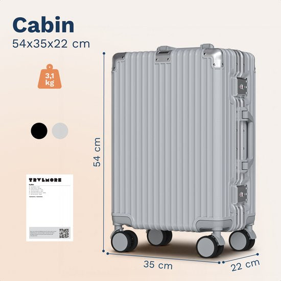 Valise cabine TRVLMORE Premium - 54 x 35 x 22 cm - Roulettes pivotantes à 360° - Double serrure à combinaison TSA - Polycarbonate - Sans fermeture éclair - 40 litres - Argent
