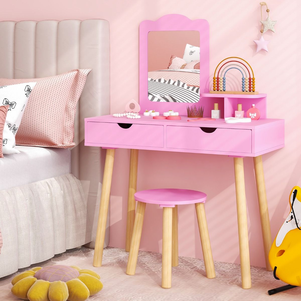 Coast Coiffeuse pour enfants - 2-en-1 avec miroir amovible - deux tiroirs et un tabouret en bois - rose