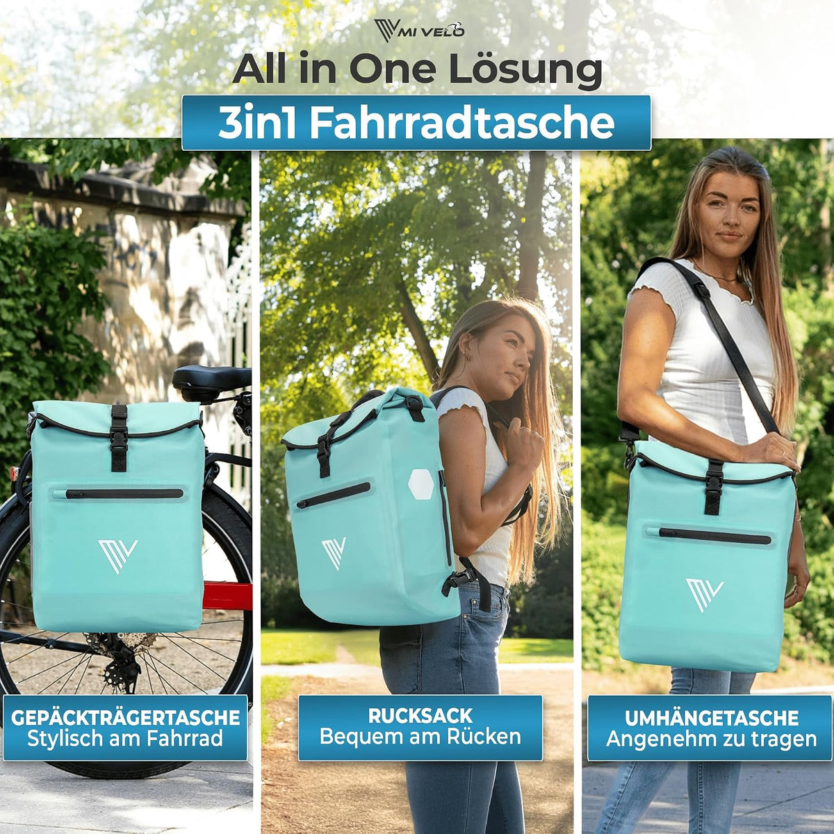 Sac de vélo MIVELO 3-en-1 20 litres - Aqua - Sac à bagages, sac à dos et sac à bandoulière