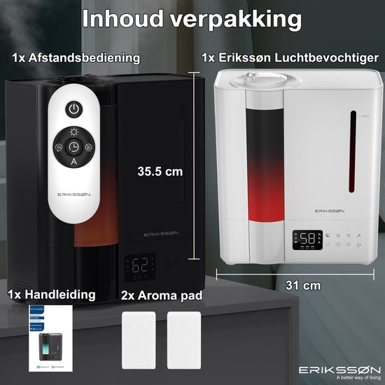 Humidificateur Erikssøn Elite - 8 litres - Convient pour le salon, le bureau, la chambre à coucher, la chambre de bébé - Humidificateur - Avec fonction d'aromathérapie - Blanc