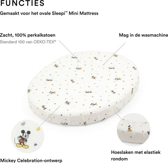 Drap-housse Stokke Sleepi Mini, Mickey Celebration - Des draps doux pour de beaux rêves - Conçu pour le matelas ovale Sleepi Mini - Sûr, élégant et lavable - 100 % coton fin percale