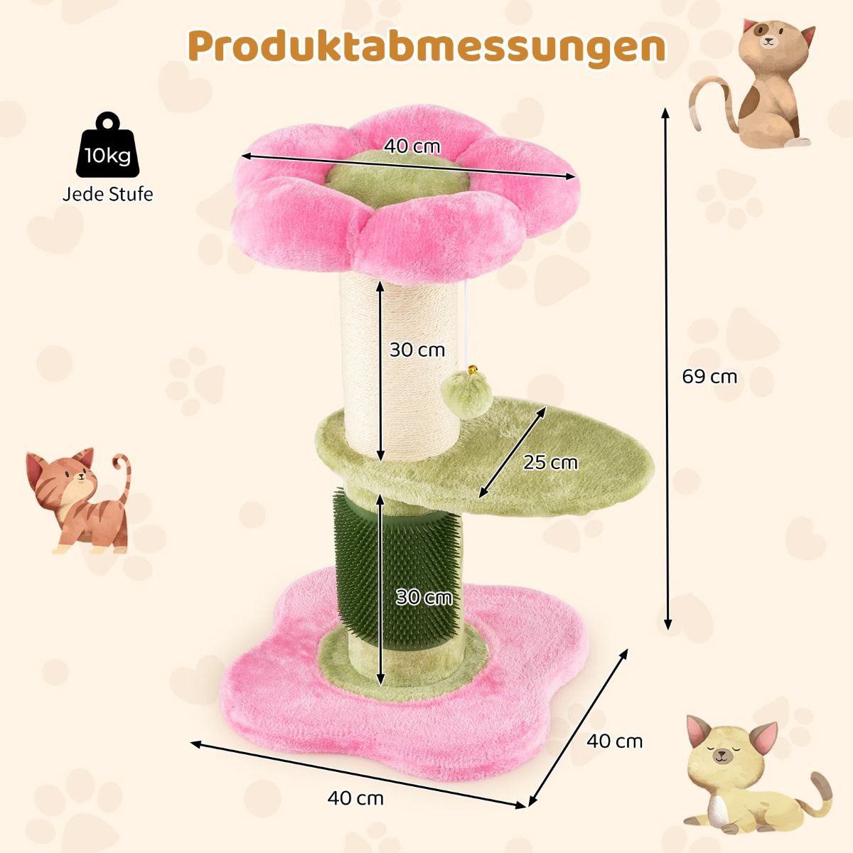 Arbre à chat Coast - 3 étages - avec coin repos en peluche et plateformes fleuries - rose - 69 cm